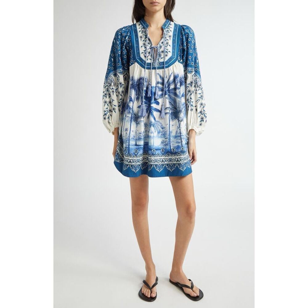 Farm Rio Women Blue White Palm Tree Linen Blend Tie Front Mini Dress Medium NWOT